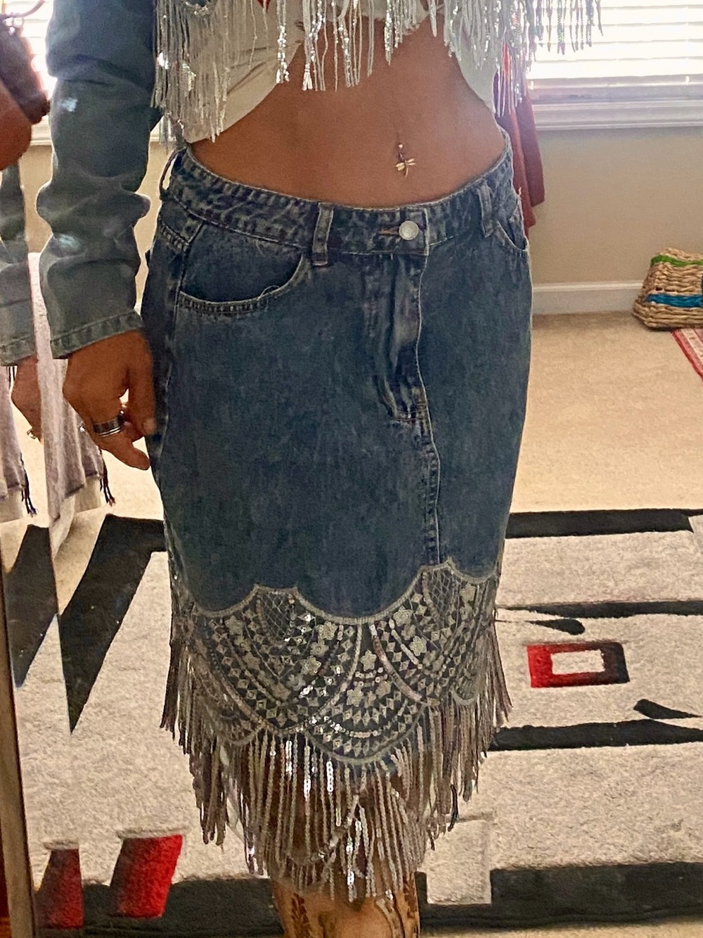 Denim Fringe set Midi Skirt  and jacket with Silver Sequin Trim